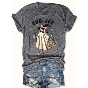 Women's Halloween Boo Jee T shirt All Sizes Ghost Leopard Print Coffee Lover NEW